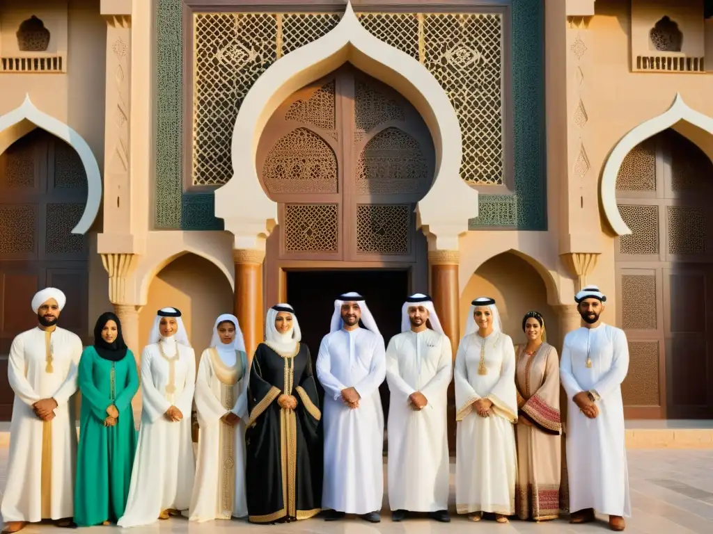 Un grupo de hombres y mujeres emiratíes vistiendo trajes típicos, con detalles arquitectónicos árabes al fondo