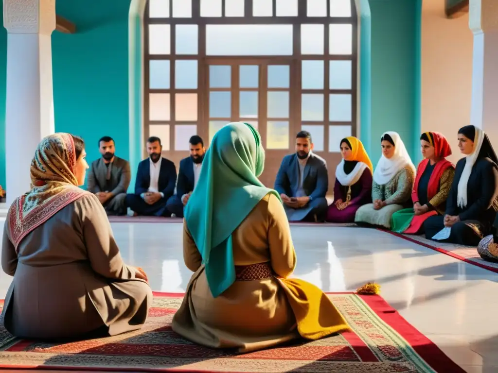 Un grupo de hombres y mujeres kurdos musulmanes en una mezquita, celebrando una tradición religiosa con serenidad y devoción