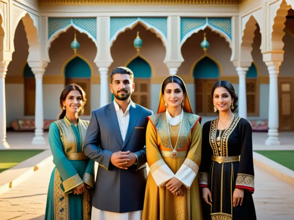 Un grupo de hombres y mujeres kurdos vistiendo trajes tradicionales islámicos, se reúnen en un hermoso patio iluminado por el sol