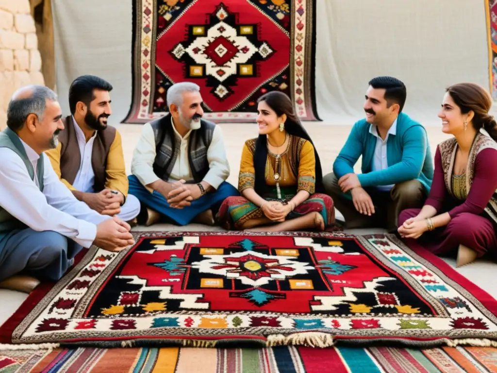 Un grupo de hombres y mujeres kurdos se reúnen alrededor de una hermosa alfombra, mostrando identidad y tradición kurdas islámicas