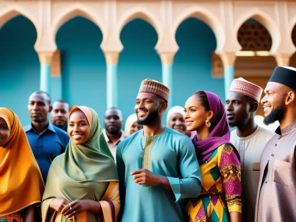 Un grupo de hombres y mujeres musulmanes en atuendos africanos en un bullicioso mercado, con textiles coloridos y una mezquita al fondo