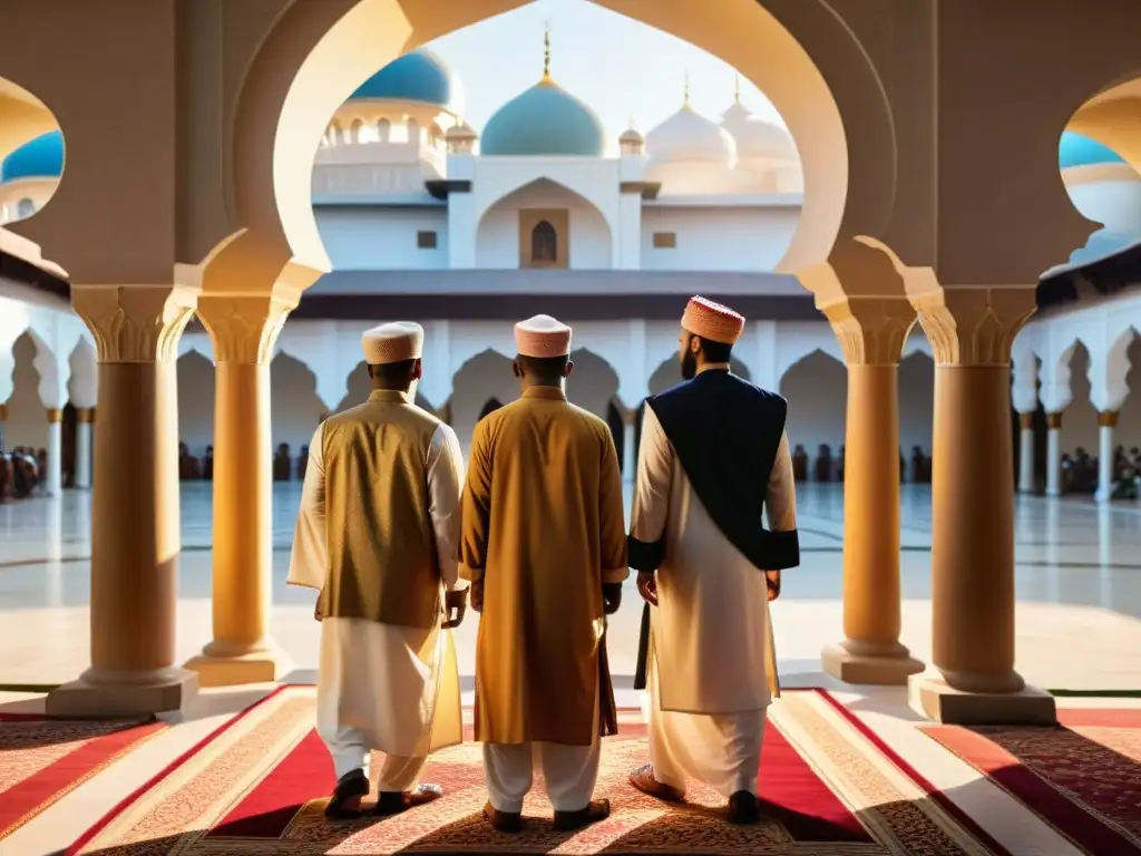 Un grupo de hombres musulmanes vistiendo atuendos tradicionales en un patio de mezquita, irradiando tradición, cultura y espiritualidad