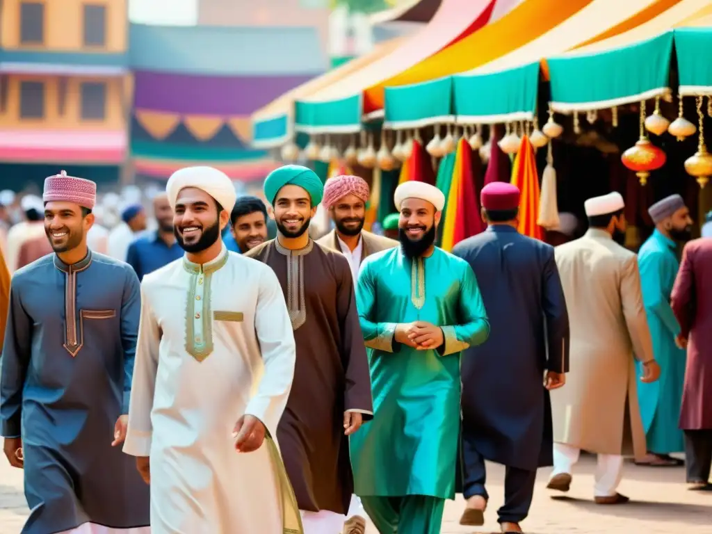 Grupo de hombres musulmanes vistiendo ropa tradicional masculina islámica en un bullicioso mercado vibrante, mostrando la diversidad cultural