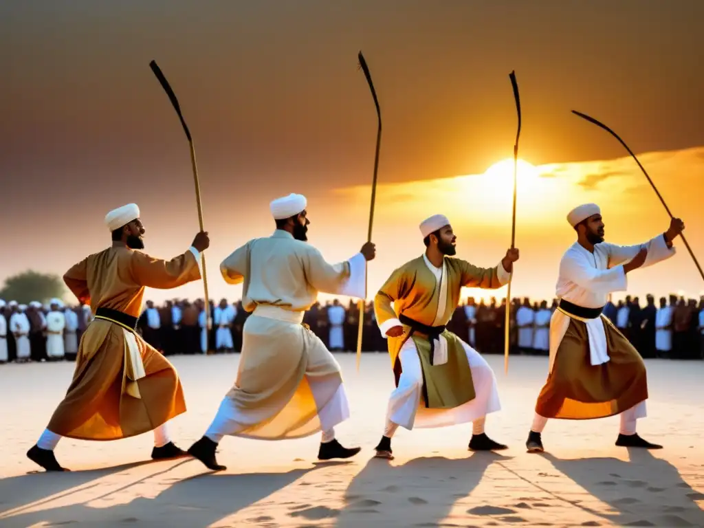 Un grupo de hombres realiza el ritual de Tahtib al atardecer, demostrando la importancia del Tahtib en celebraciones islámicas