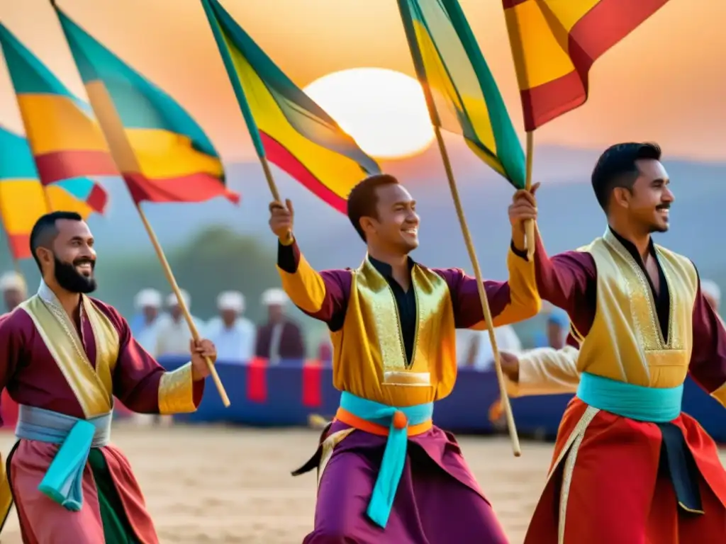 Grupo de hombres bailando Tahtib en vibrante festival islámico, con trajes coloridos y movimientos rítmicos