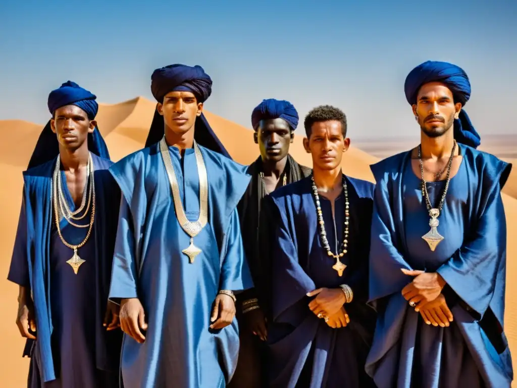 Grupo de hombres Tuareg con vestimenta tradicional azul en el desierto, mostrando adaptación y elegancia nómada