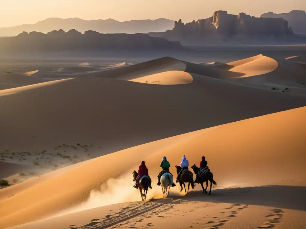 Grupo de jinetes beduinos en el desierto con tácticas beduinas conquistas islámicas