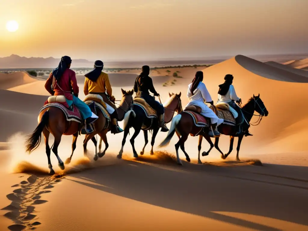 Un grupo de jinetes beduinos galopa por el vasto desierto al atardecer, evocando las tácticas beduinas en las conquistas islámicas