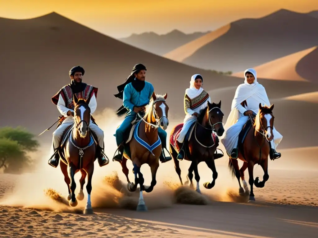 Grupo de jinetes islámicos en el desierto al atardecer, evocando la noble tradición de la equitación en el Islam