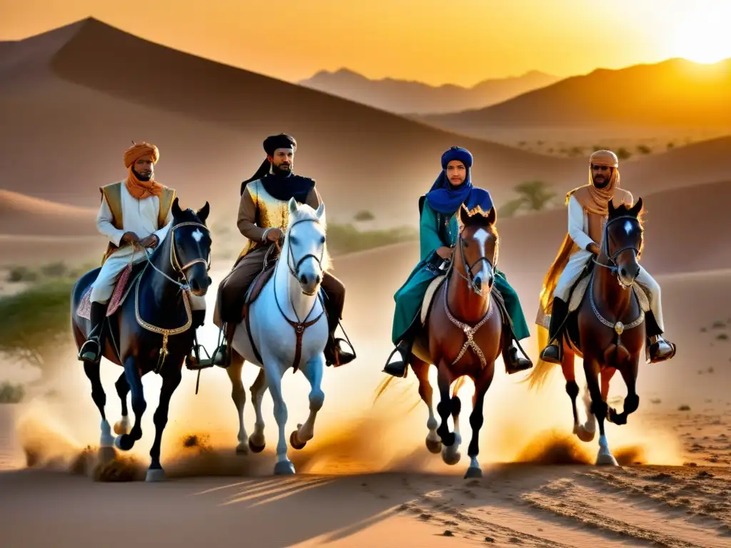 Un grupo de jinetes islámicos cabalgando en el desierto al atardecer, capturando la nobleza y la tradición ecuestre del Islam