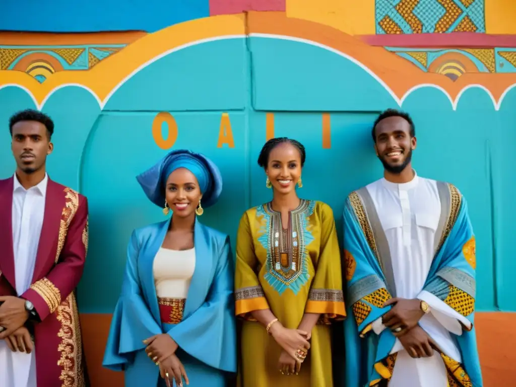 Un grupo de jóvenes adultos somalíes posa frente a un mural vibrante que representa escenas de Somalia y su diáspora