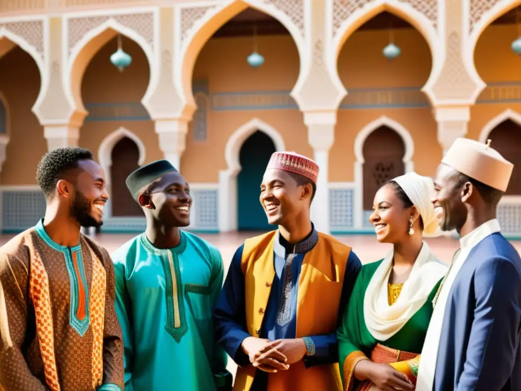 Un grupo de jóvenes africanos musulmanes se reúnen en un colorido patio, discutiendo animadamente