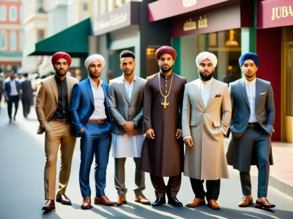 Moda islámica moderna en la ciudad Un grupo de jóvenes hombres musulmanes visten trajes islámicos modernos y elegantes en una bulliciosa calle de la ciudad