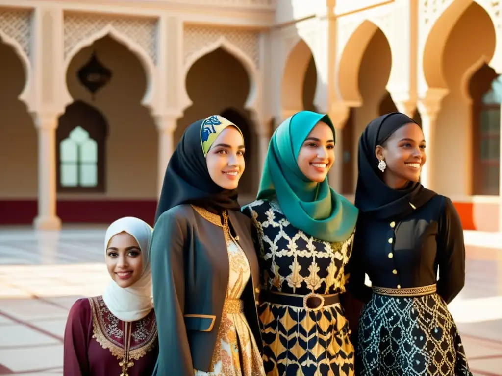 Un grupo de jóvenes mujeres musulmanas se reúnen en un patio soleado, luciendo deslumbrantes prendas tradicionales que fusionan elementos modernos y clásicos