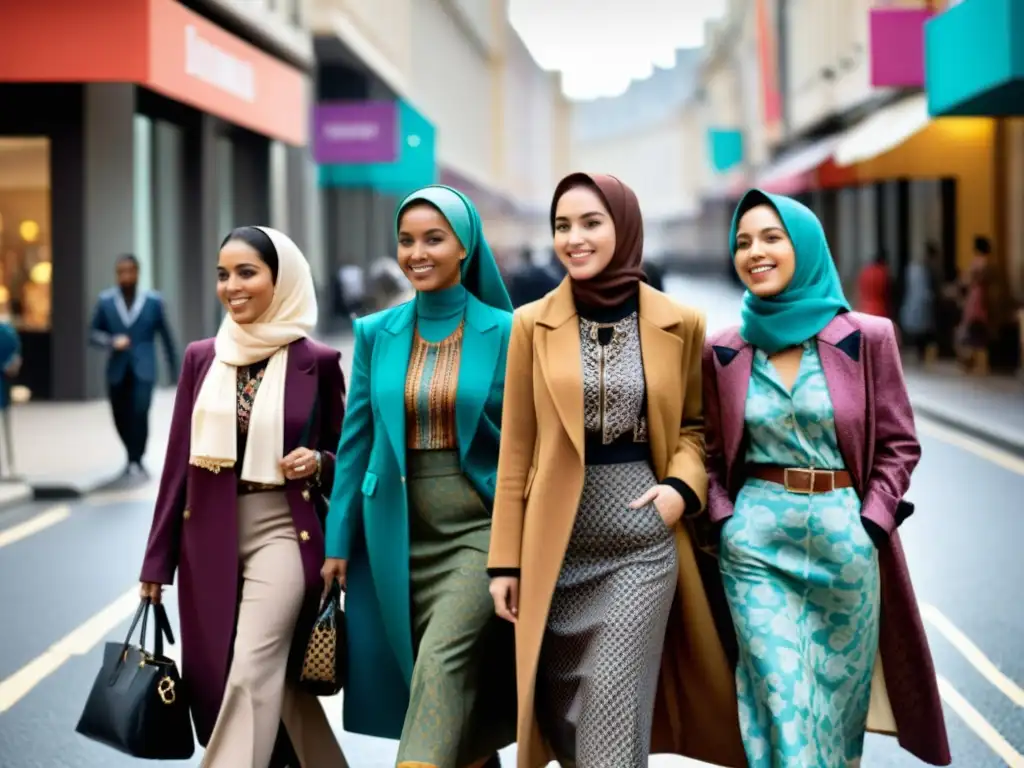 Un grupo de jóvenes mujeres musulmanas pasea por una concurrida calle de la ciudad, combinando moda islámica y contemporánea