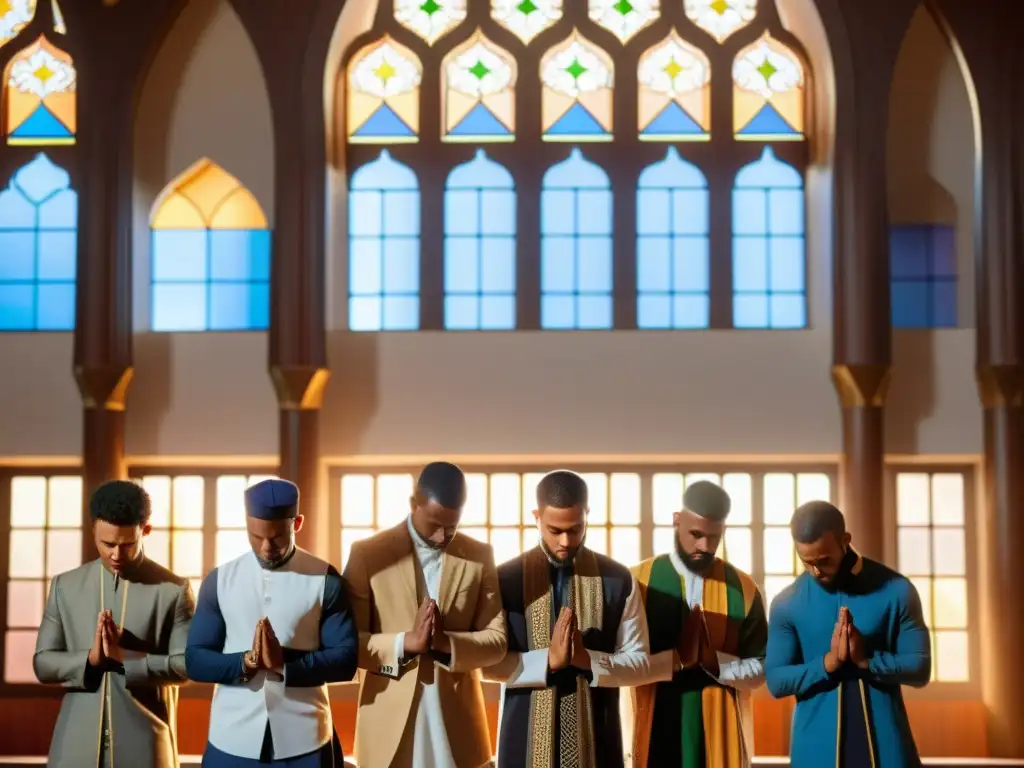 Grupo de jóvenes musulmanes afroamericanos rezando en una mezquita, reflejando devoción y unidad en su fe