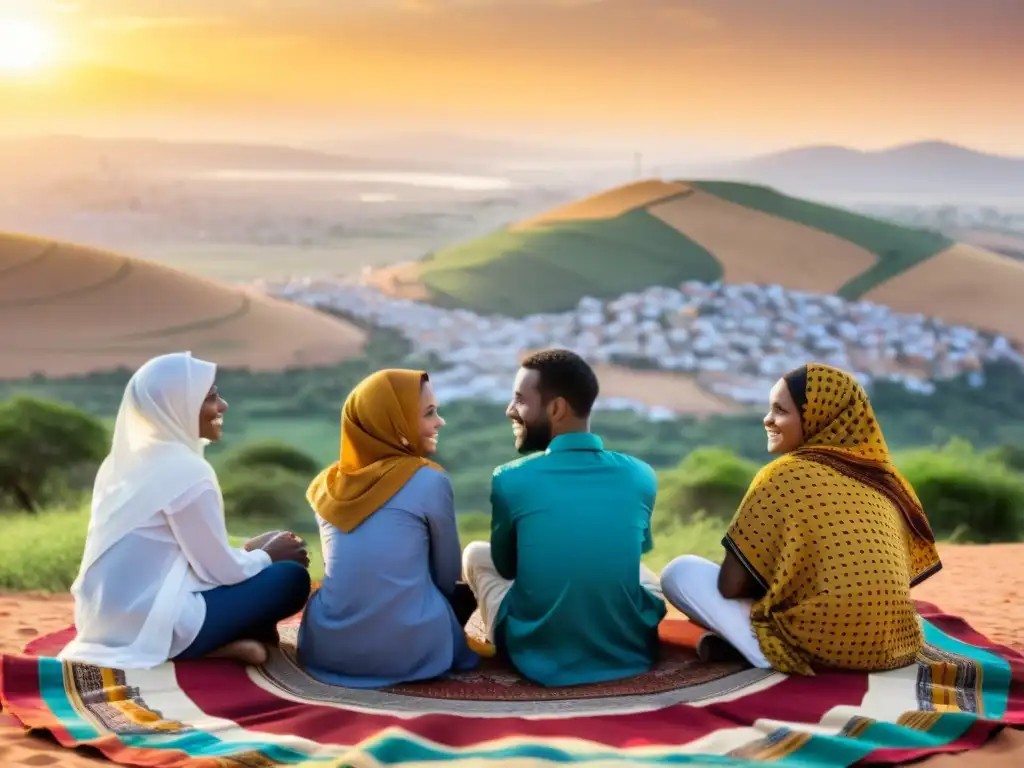 Un grupo de jóvenes musulmanes y mujeres se reúnen en círculo en un paisaje africano vibrante, discutiendo ideas