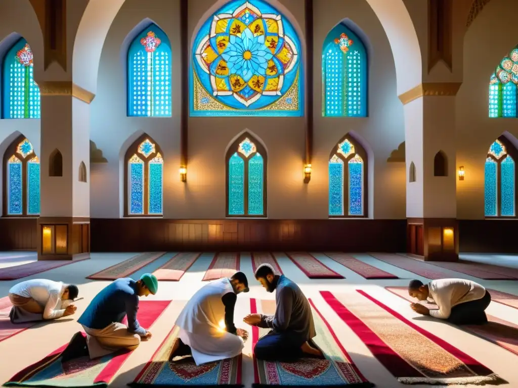 Un grupo de jóvenes musulmanes y musulmanas rezando juntos en una hermosa mezquita, representando la unidad y devoción de la comunidad