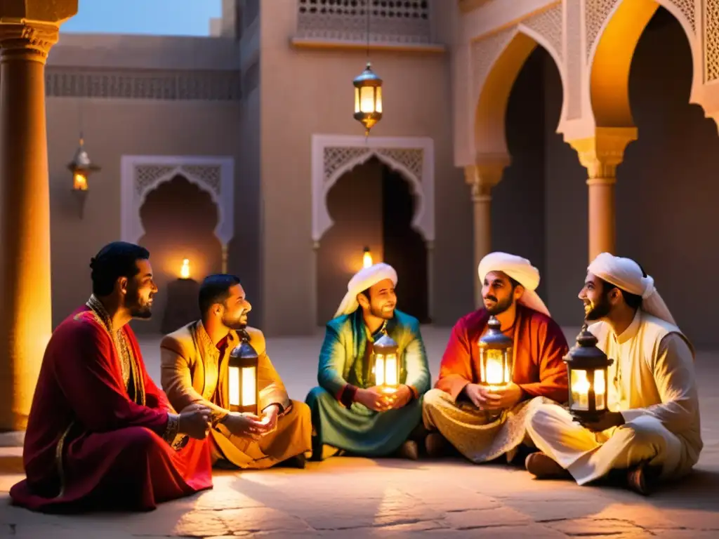 Grupo de juglares y poetas árabes difunden cultura islámica en patio iluminado por linternas, creando atmósfera mágica de tradición oral