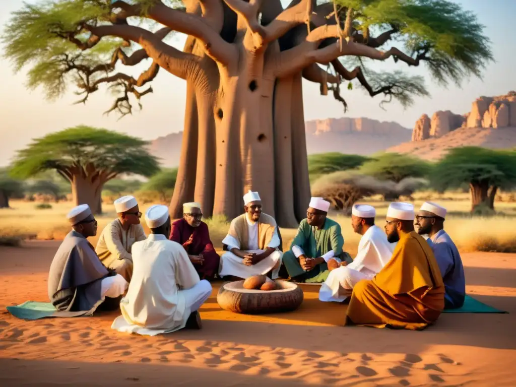 Un grupo de líderes y estudiosos musulmanes africanos se reúnen bajo un baobab, intercambiando sabiduría al atardecer