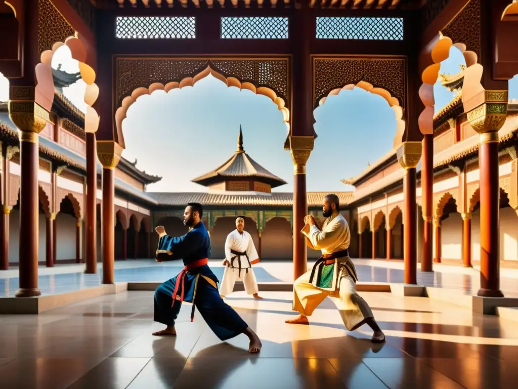 Un grupo de maestros de artes marciales en vestimenta islámica tradicional, demostrando técnicas con gracia y precisión en un patio ornamentado con arcos y azulejos