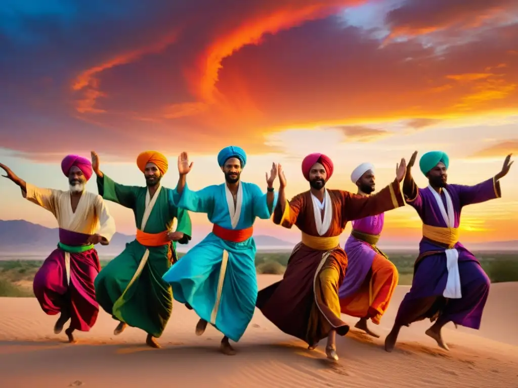 Grupo de místicos sufi danzando al atardecer en África, evocando el misticismo africano del Islam