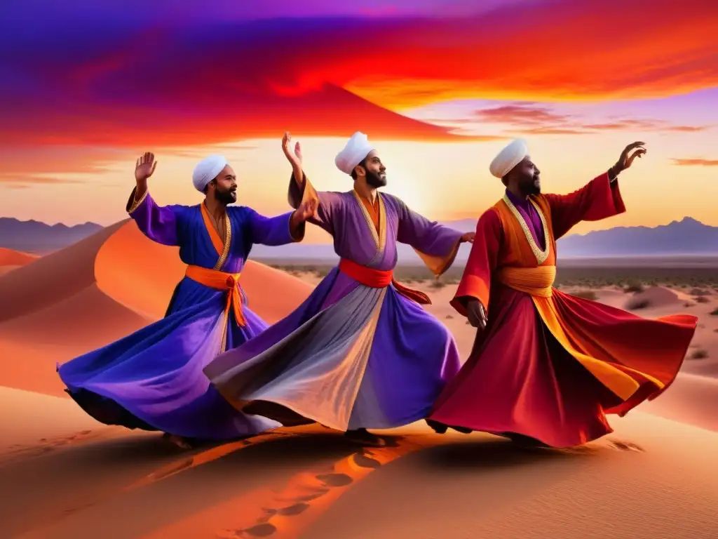 Grupo de místicos sufíes danzando en un desierto africano al atardecer, envueltos en túnicas coloridas, en trance meditativo