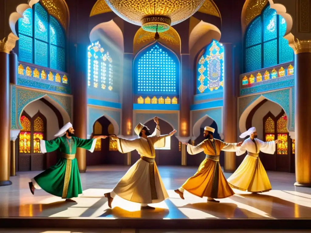 Grupo de místicos sufíes bailando con devoción en una mezquita decorada, destacando la difusión del Islam por Asia