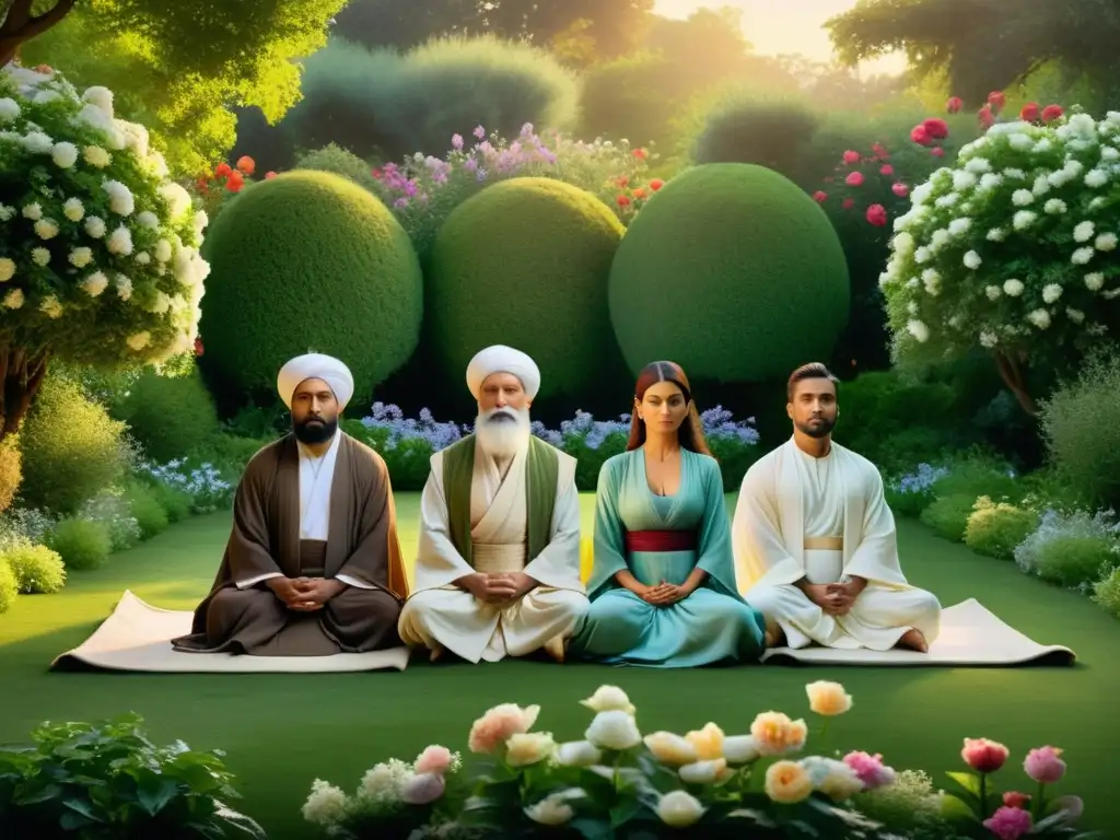 Un grupo de místicos sufíes rezando en un jardín tranquilo al amanecer, difundiendo el Islam por Asia