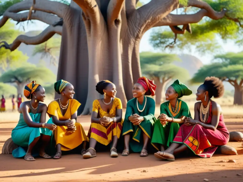 Grupo de mujeres africanas bajo baobab, en animada charla