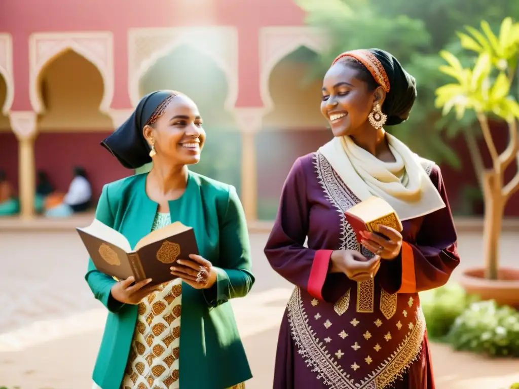 Un grupo de mujeres africanas en atuendo islámico tradicional disfruta de una animada conversación en un patio soleado, rodeadas de exuberante vegetación y textiles coloridos