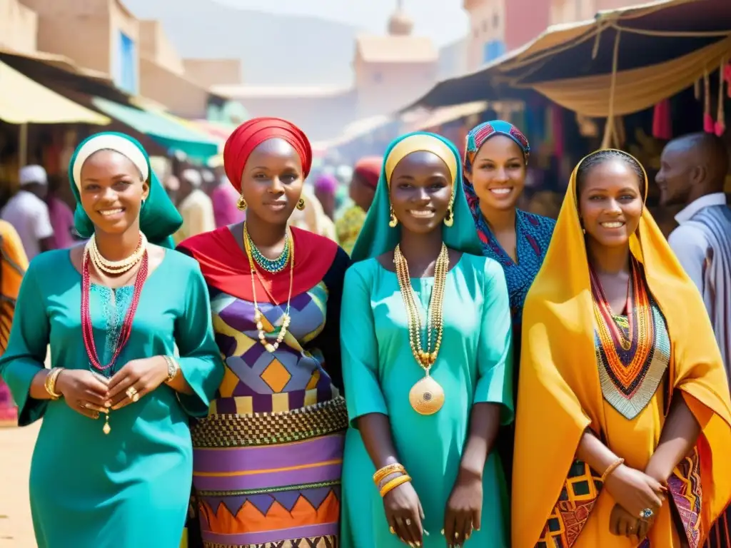 Grupo de mujeres africanas vistiendo coloridos atuendos islámicos en un bullicioso mercado africano