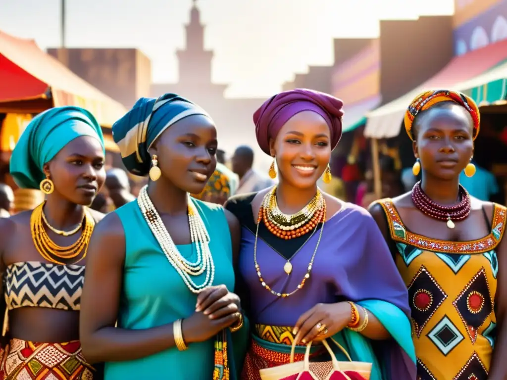 Un grupo de mujeres africanas llevando coloridos y elaborados pañuelos en la cabeza y prendas tradicionales, en un bullicioso mercado africano