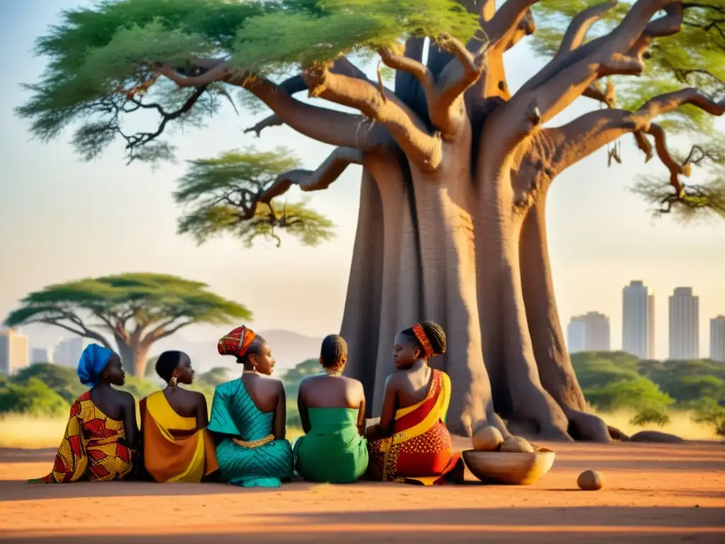 Un grupo de mujeres africanas vestidas con ropa tradicional, bajo la sombra de un baobab, en una animada conversación