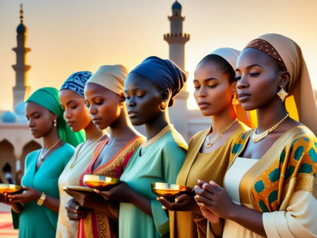 Mujeres africanas en devoción islámica Grupo de mujeres africanas vestidas con atuendos vibrantes rezando en una mezquita, representación clave de la historia del Islam en África