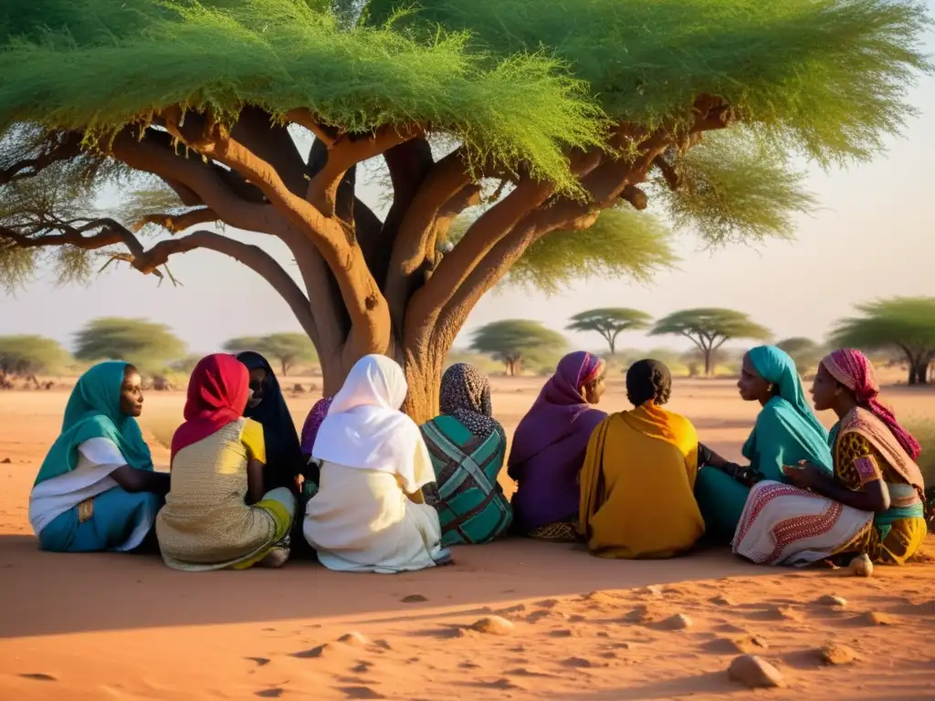 Grupo de mujeres de Darfur en conversación bajo un árbol, expresando la fuerza de su comunidad en medio del conflicto en Darfur perspectivas islámicas