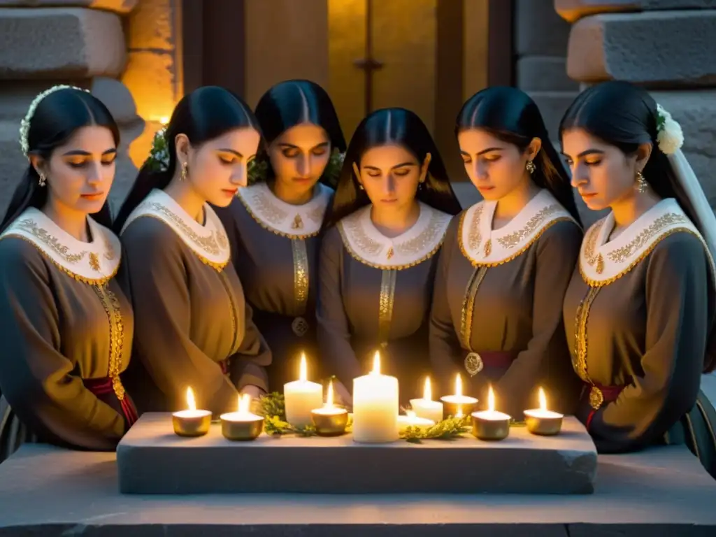 Un grupo de mujeres armenias en ropa tradicional se reúnen alrededor de un memorial conmemorativo, bañadas por la cálida luz del amanecer