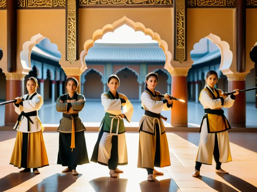 Grupo de mujeres en artes marciales islámicas, mostrando determinación y fuerza en un patio soleado con arcos ornamentales y azulejos intrincados