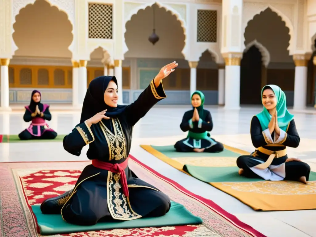 Un grupo de mujeres practicando artes marciales islámicas en un patio soleado, demostrando fuerza y gracia con sus coloridos hijabs y ropa suelta