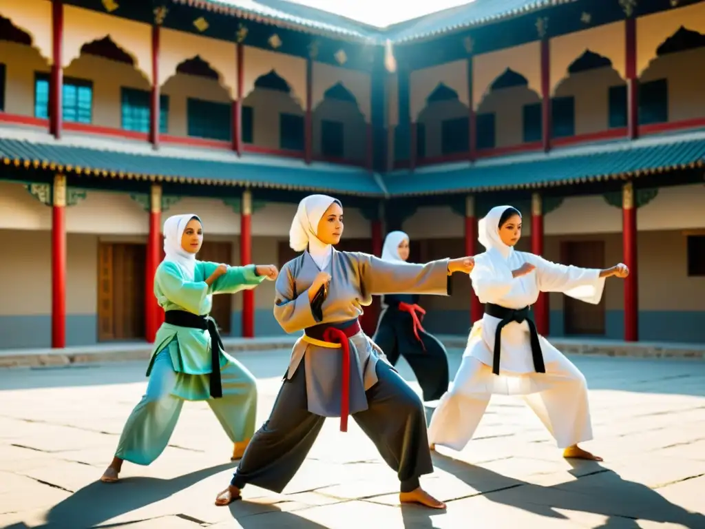 Grupo de mujeres en artes marciales islámicas practicando movimientos precisos y poderosos en un patio soleado, reflejando empoderamiento y tradición