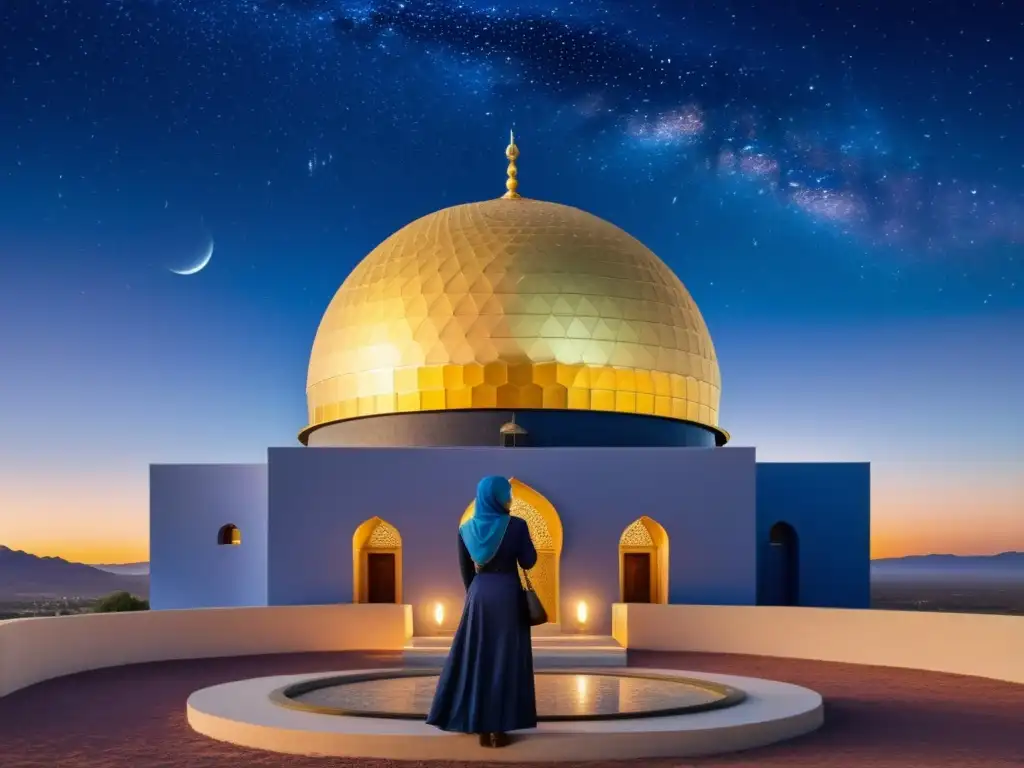 Grupo de mujeres en la astronomía musulmana, observatorio histórico al atardecer, estudiando el cielo estrellado con elegancia y determinación