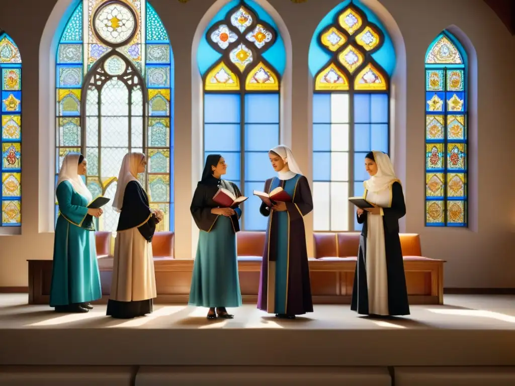 Un grupo de mujeres en atuendo islámico clerical liderando un estudio religioso en una mezquita, con detalles arquitectónicos y luz natural
