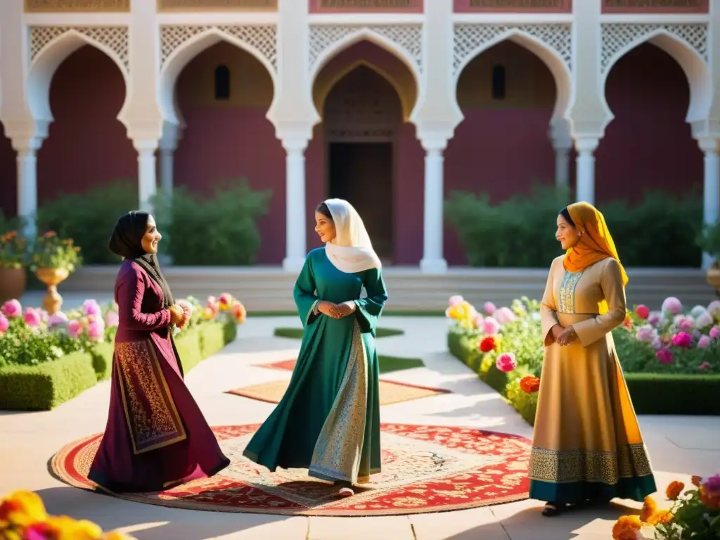 Grupo de mujeres en atuendo islámico en un patio soleado, discutiendo empoderamiento de mujeres en Asia islámica