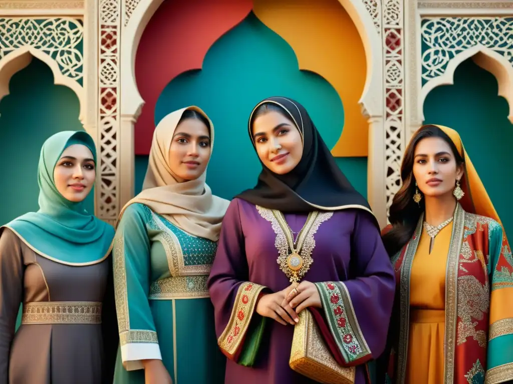 Un grupo de mujeres en atuendo islámico, mostrando determinación y orgullo en un entorno vibrante que refleja la riqueza de su herencia cultural