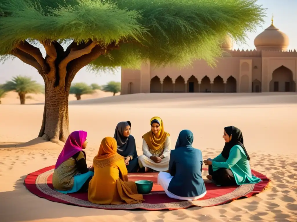 Un grupo de mujeres en atuendo islámico tradicional, reunidas bajo un árbol en un oasis del desierto, en una animada discusión