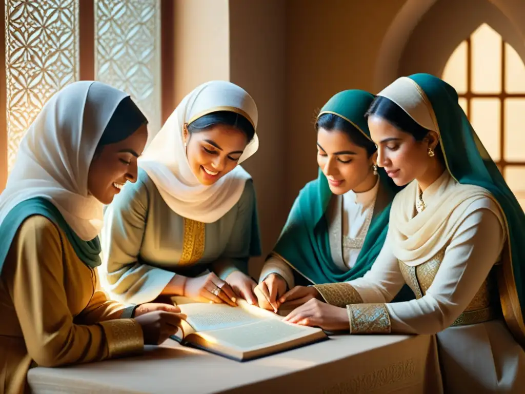 Mujeres musulmanas compartiendo conocimientos en ambiente cultural Un grupo de mujeres en atuendo islámico discuten textos históricos, contribuciones históricas de mujeres en el Islam