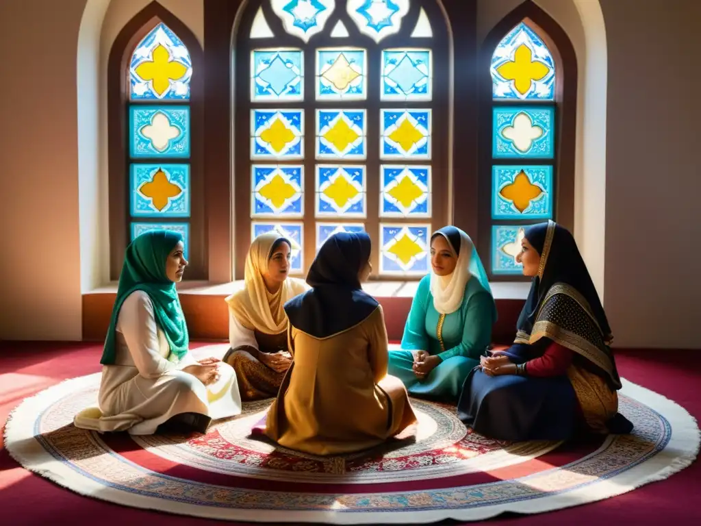 Grupo de mujeres con atuendo islámico discuten filosofía y espiritualidad en un entorno sereno y académico