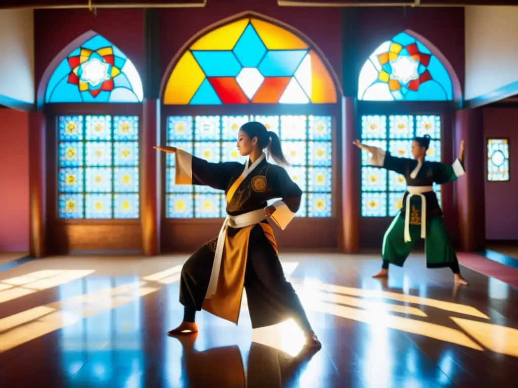 Un grupo de mujeres en atuendo tradicional de artes marciales islámicas, demostrando fuerza y determinación en un dojo con patrones geométricos