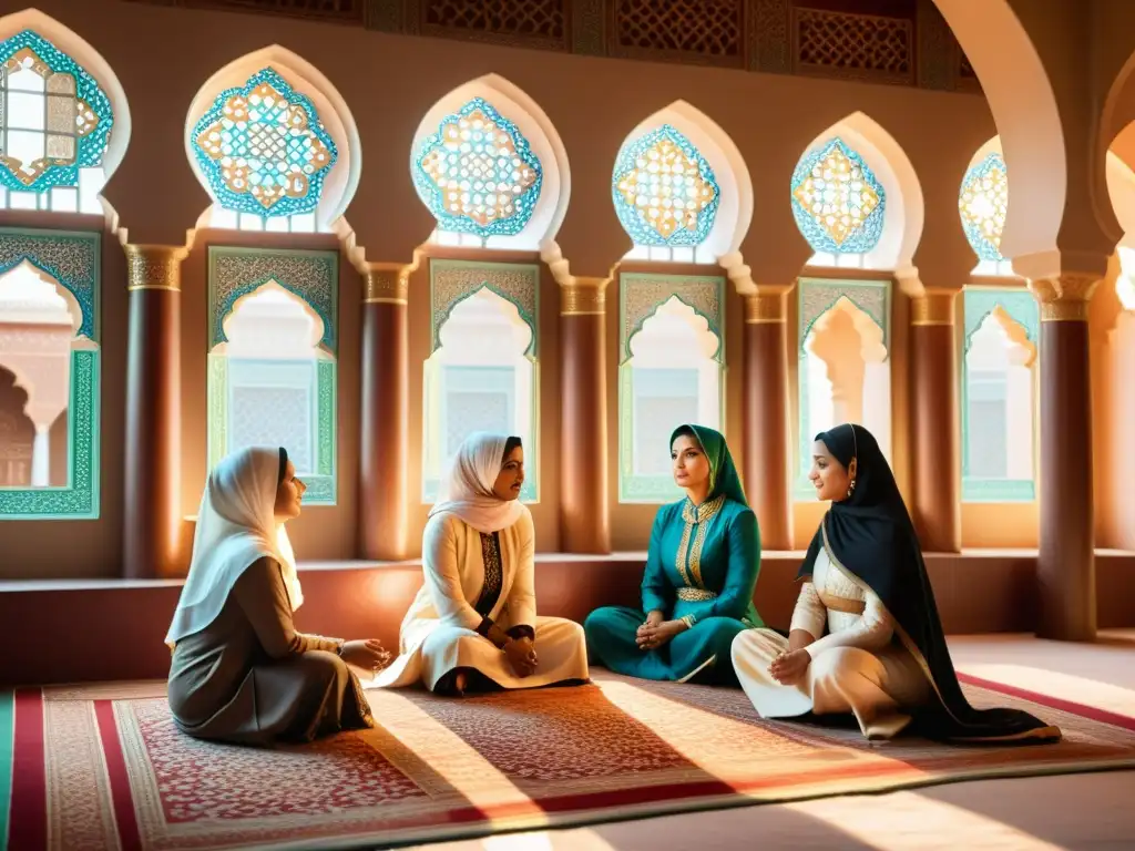 Un grupo de mujeres en atuendos islámicos discuten en una mezquita bellamente decorada, reflejando el papel femenino en la historia islámica