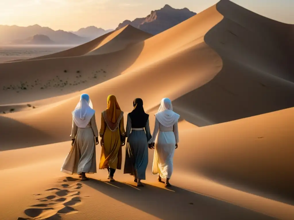 Un grupo de mujeres con atuendos tradicionales islámicos en un desierto soleado, con una postura de determinación